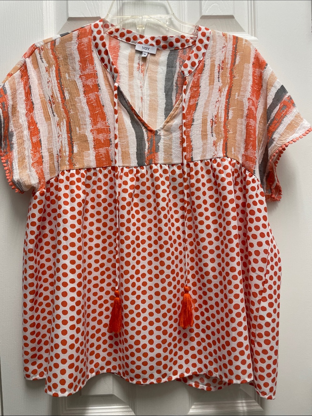 VOY Orange Polka Dot Mixed-Print Short Sleeve Blouse